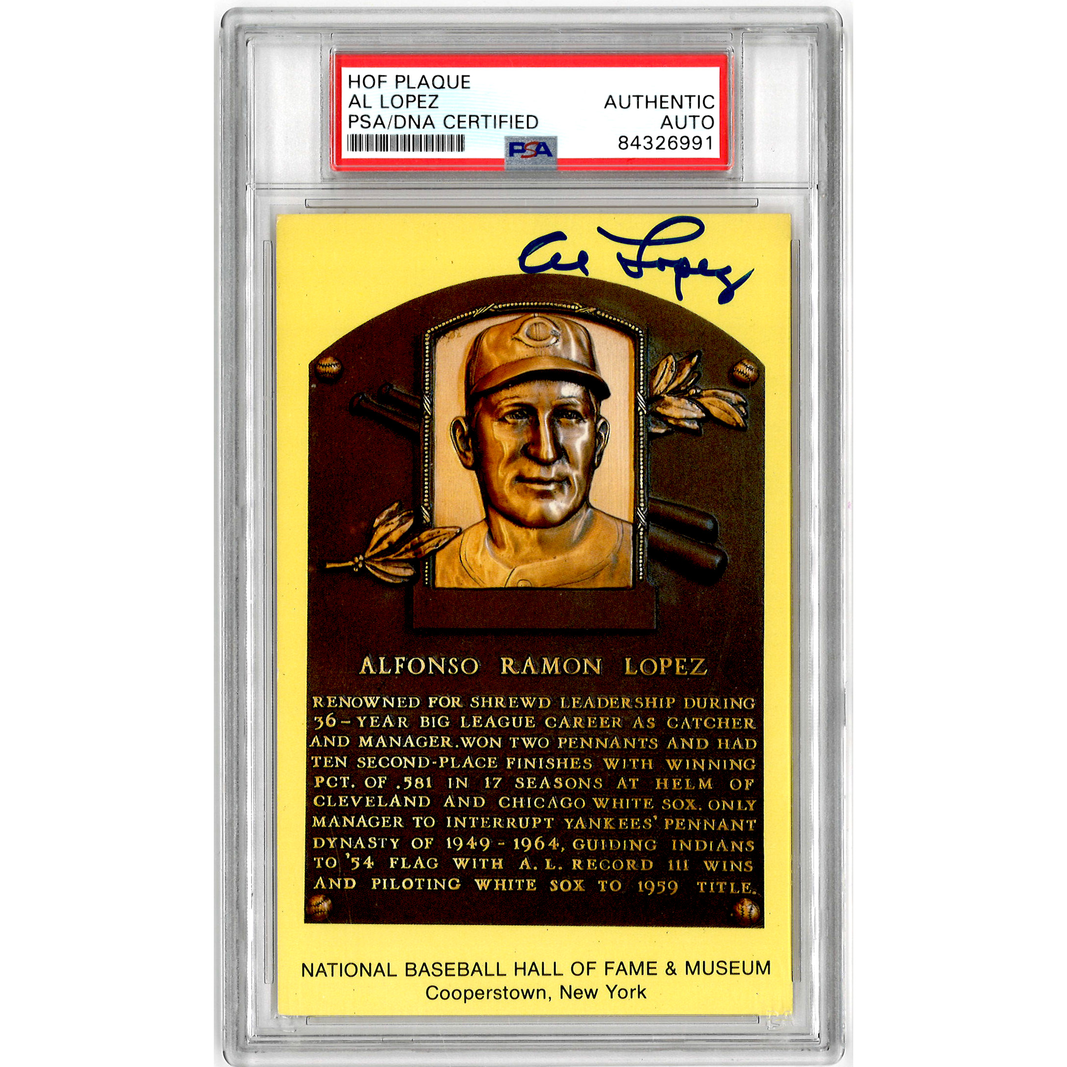 Al Lopez Autographed Hall of Fame Plaque Postcard (PSA-91)