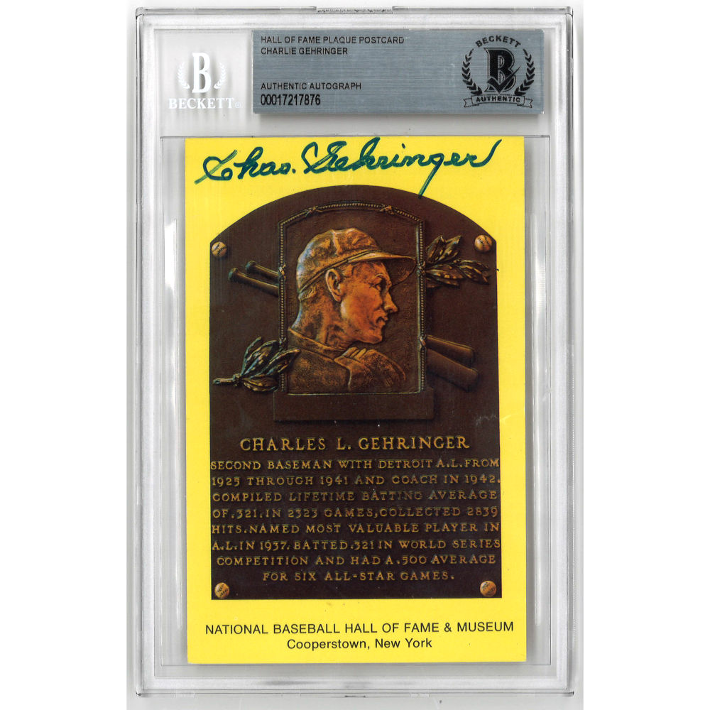 Charlie Gehringer Autographed Hall of Fame Plaque Postcard (Beckett-83)