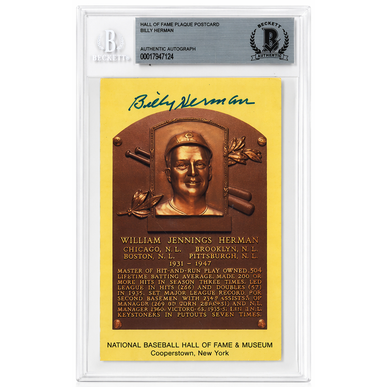 Billy Herman Autographed Hall of Fame Plaque Postcard (Beckett-24)