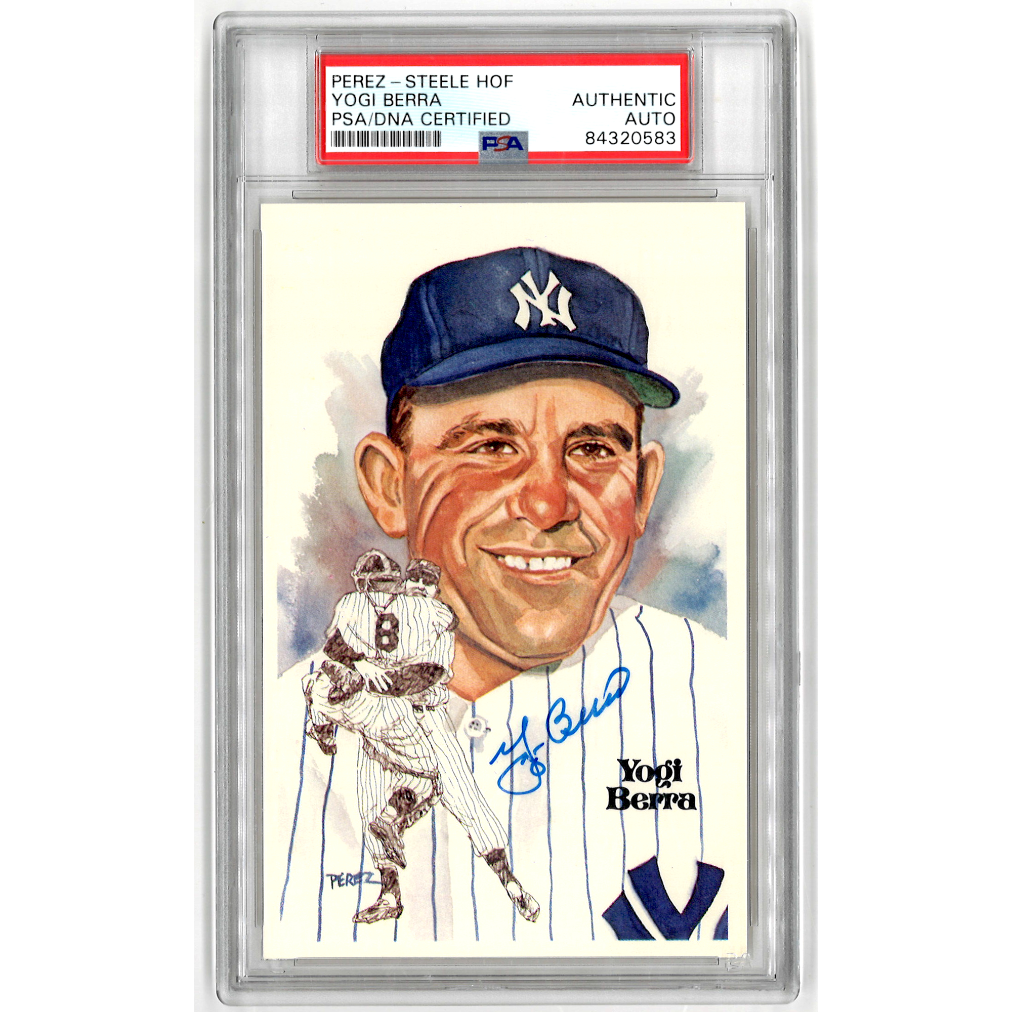 Yogi Berra Autographed Perez-Steele HOF Series Postcard #127 (PSA-83)