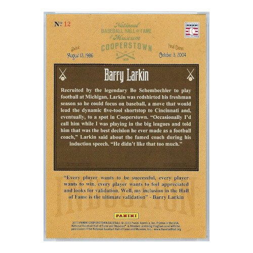 Barry Larkin 2013 Panini Cooperstown Induction Card # 12