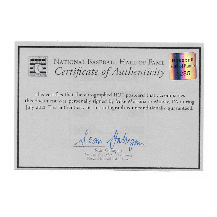 Mike Mussina Autographed Hall of Fame Plaque Postcard with HOF 19 Inscription (HOF)