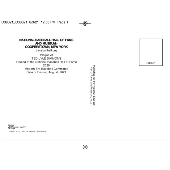 Ted Simmons Baseball Hall of Fame Plaque Postcard