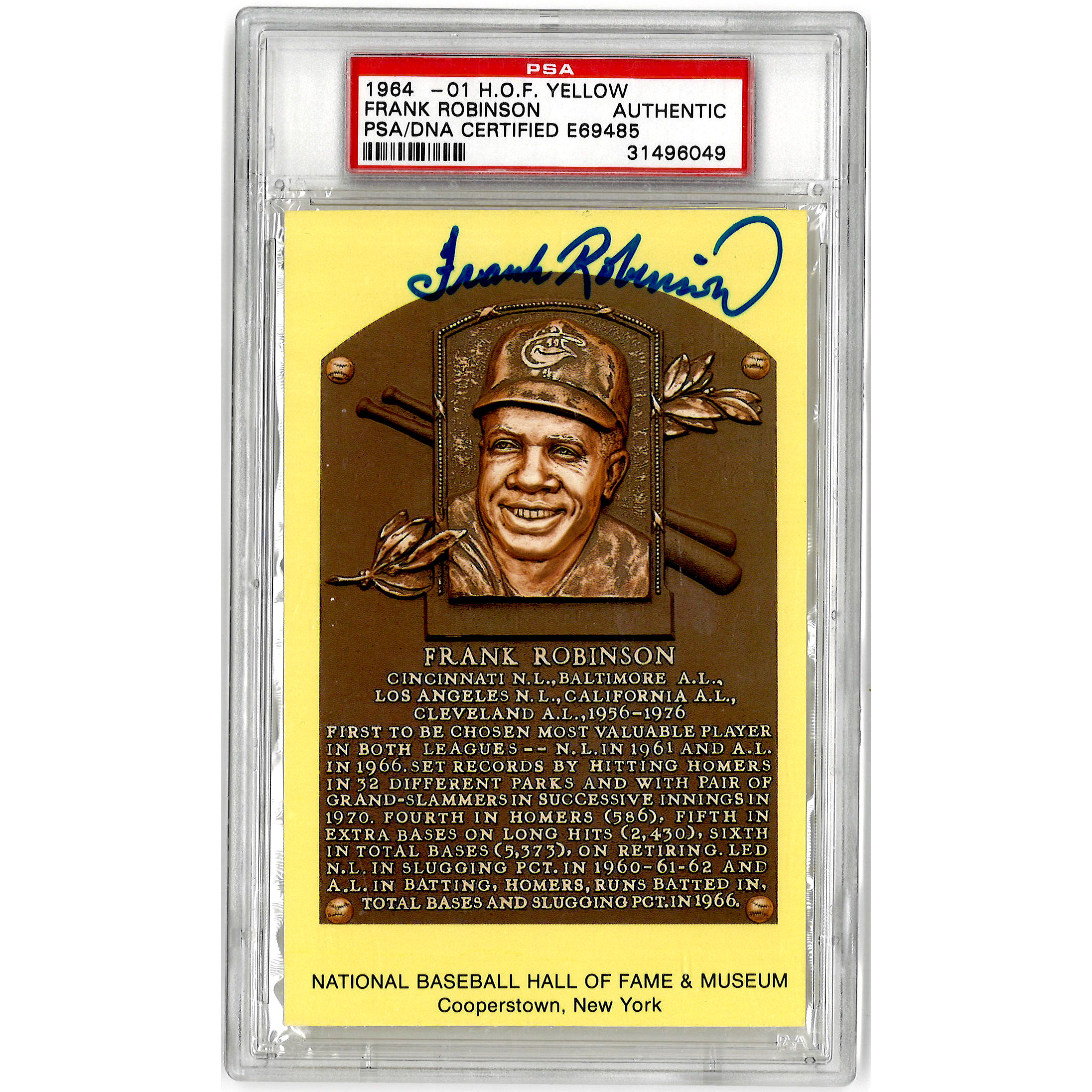 Frank Robinson Autographed Hall of Fame Plaque Postcard (PSA-49)
