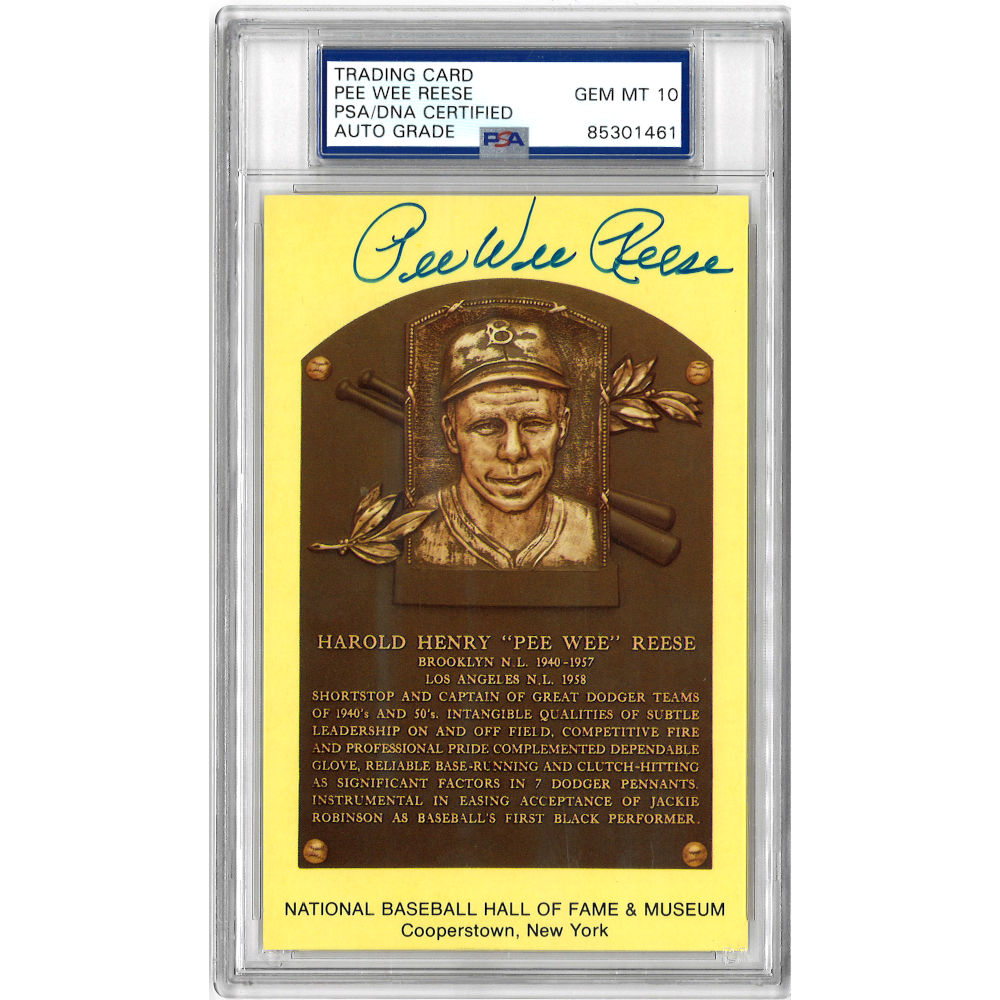 Pee Wee Reese Autographed Hall of Fame Plaque Postcard (PSA-61)