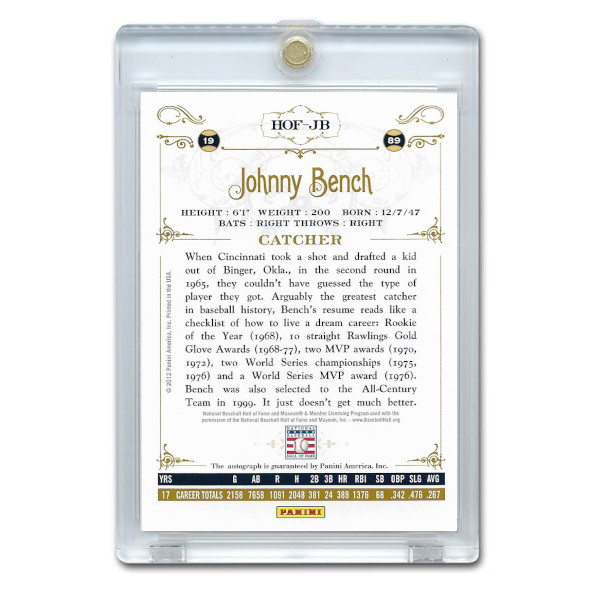 Johnny Bench Autographed Card 2012 Panini Cooperstown Ltd Ed of 100