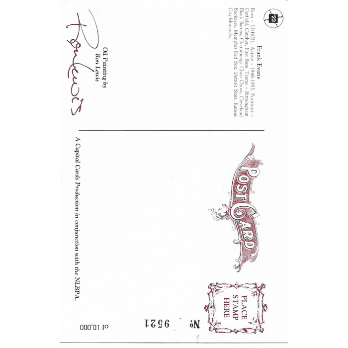 Frank Evans 1991 Ron Lewis Negro Leagues Fine Art Postcard # 23