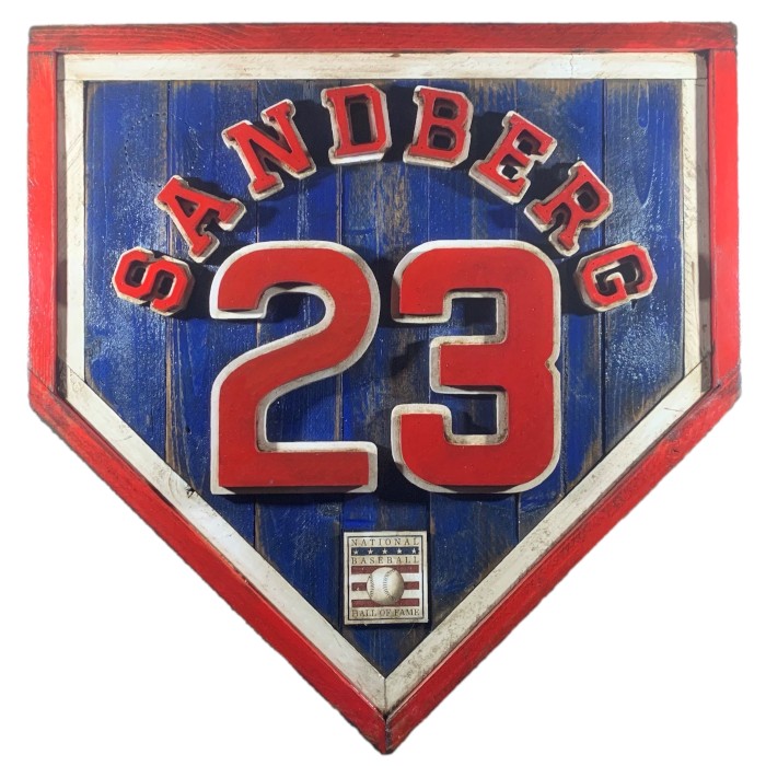 Ryne Sandberg Hall of Fame Vintage Distressed Wood 20 Inch Heritage Royal Home Plate - Red Frame