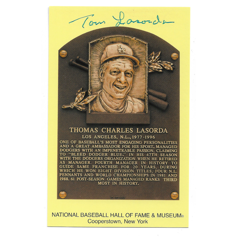 Tommy Lasorda Autographed Hall of Fame Plaque Postcard (PSA-10)
