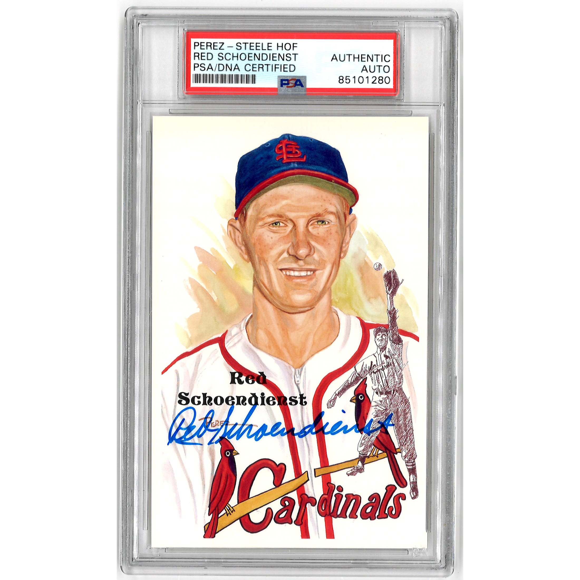 Red Schoendienst Autographed Perez-Steele HOF Series Postcard # 203 (PSA-80)