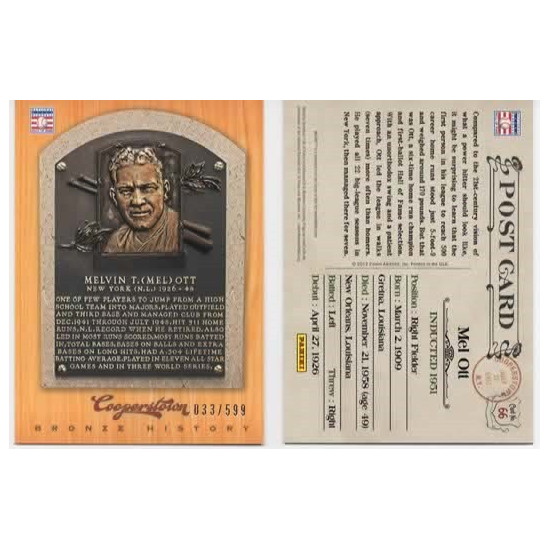 Mel Ott 2012 Panini Cooperstown Bronze History Baseball Card Ltd Ed of 599 Mel Ott 2012 Panini Cooperstown Bronze History Baseball Card Ltd Ed of 599