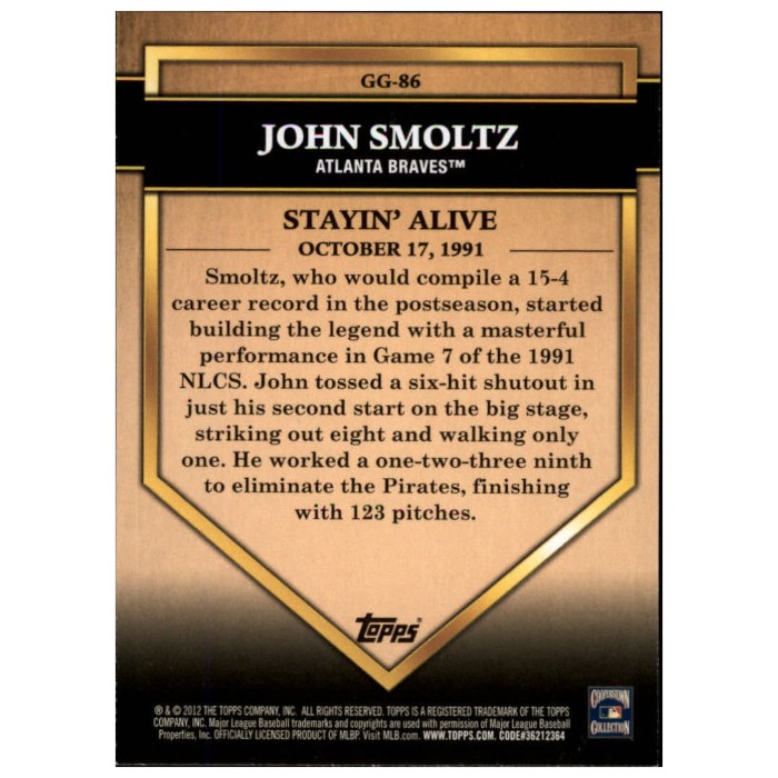 John Smoltz 2012 Topps Golden Greats Card # 86
