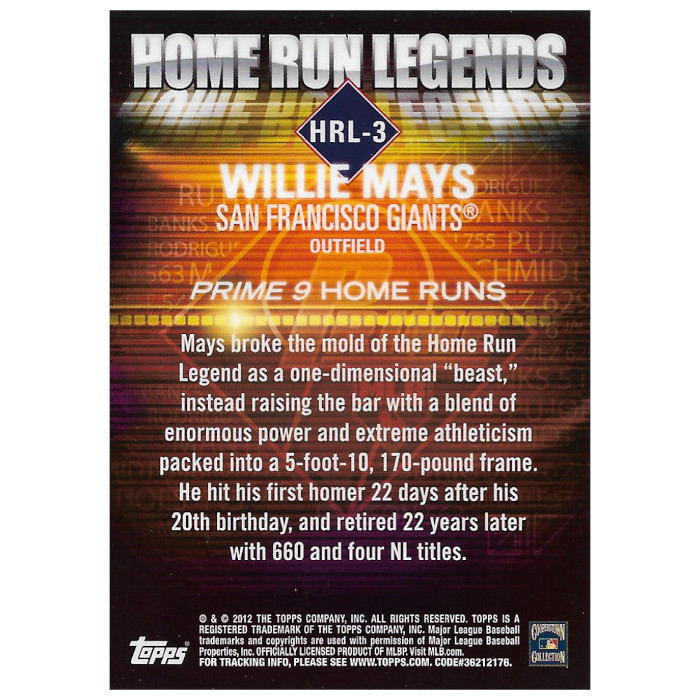 Willie Mays 2012 Topps Prime 9 Home Run Legends Refractor Card # 3