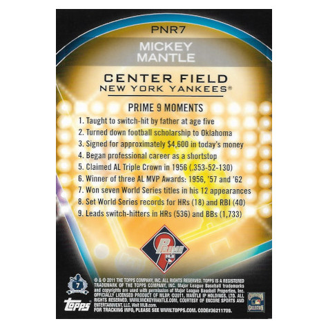 Mickey Mantle 2011 Topps Prime 9 Players of the Week Refractor # PNR7