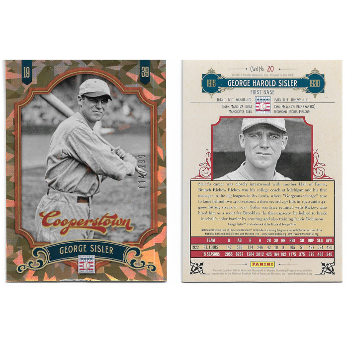 George Sisler 2012 Panini Cooperstown Crystal Collection # 20 Baseball Card Ltd Ed of 299