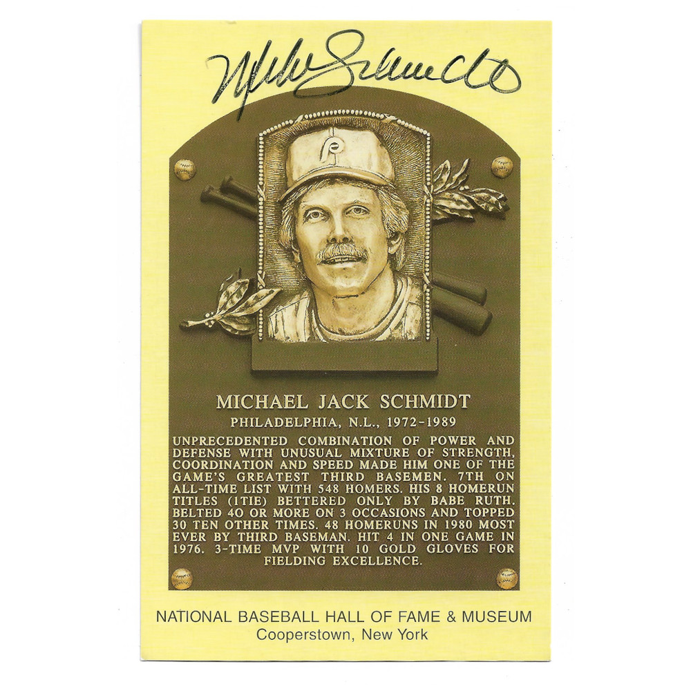 Mike Schmidt Autographed Hall of Fame Plaque Postcard (JSA)