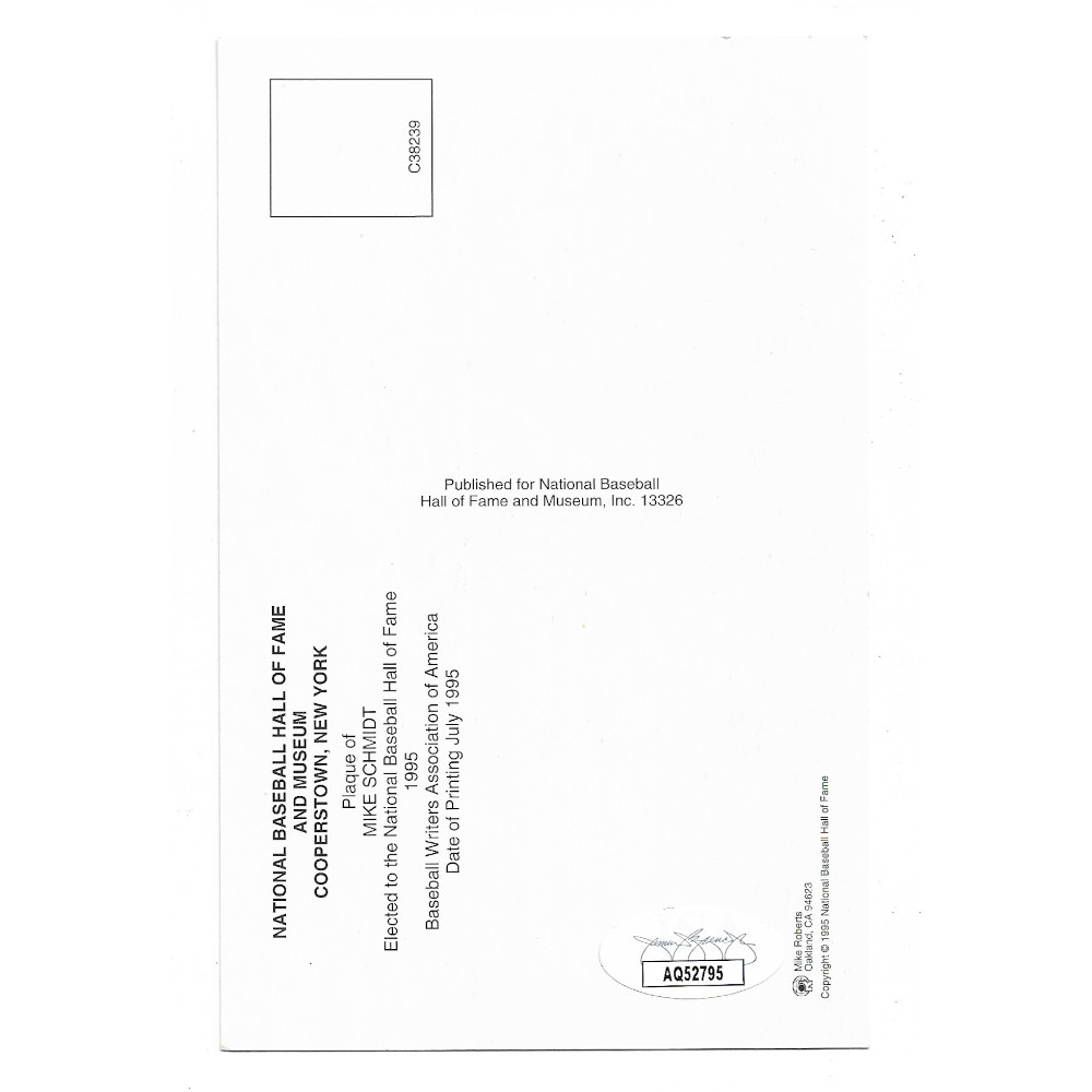 Mike Schmidt Autographed Hall of Fame Plaque Postcard (JSA)