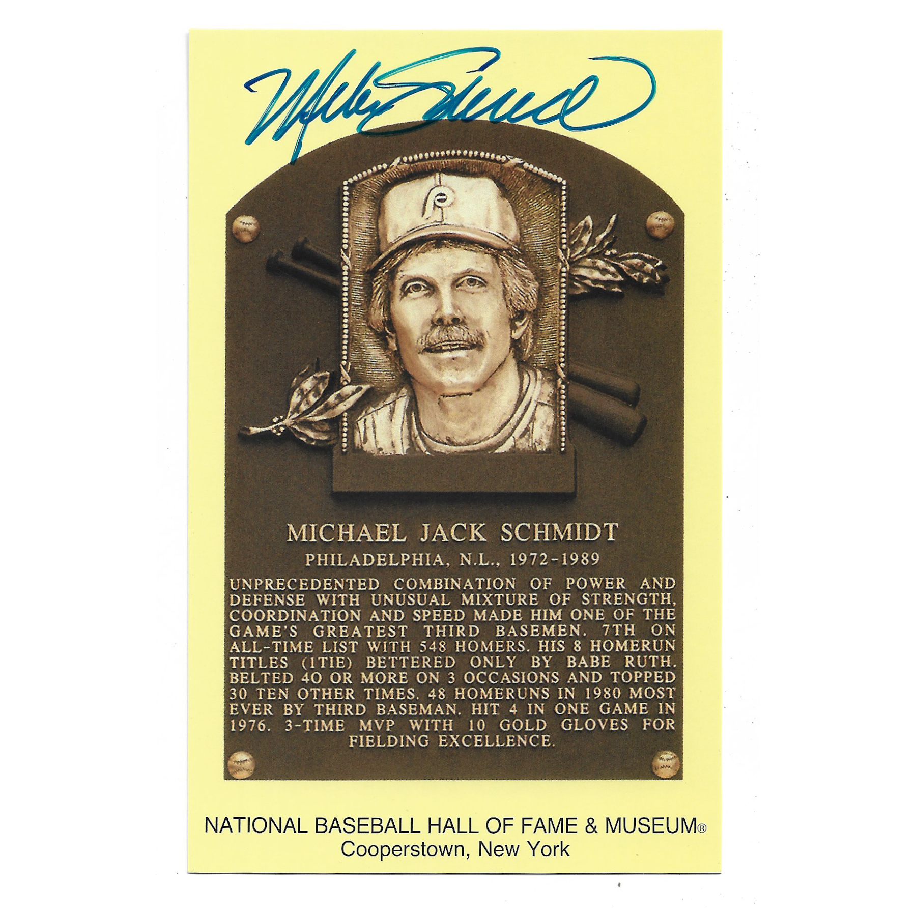 Mike Schmidt Autographed Hall of Fame Plaque Postcard (JSA-94)