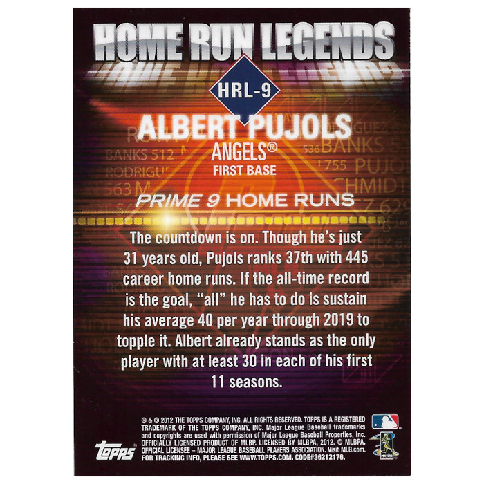 Albert Pujols 2012 Topps Prime 9 Home Run Legends Refractor Card # 9