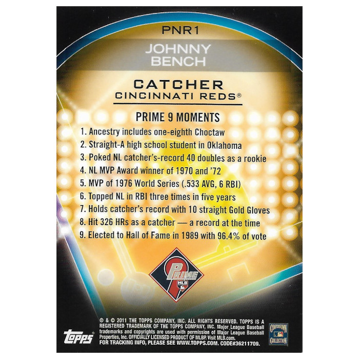 Johnny Bench 2011 Topps Prime 9 Players of the Week Refractor # PNR1