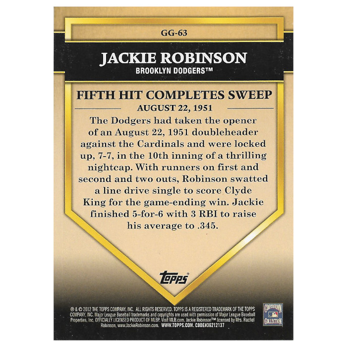 Jackie Robinson 2012 Topps Golden Greats Card # 63
