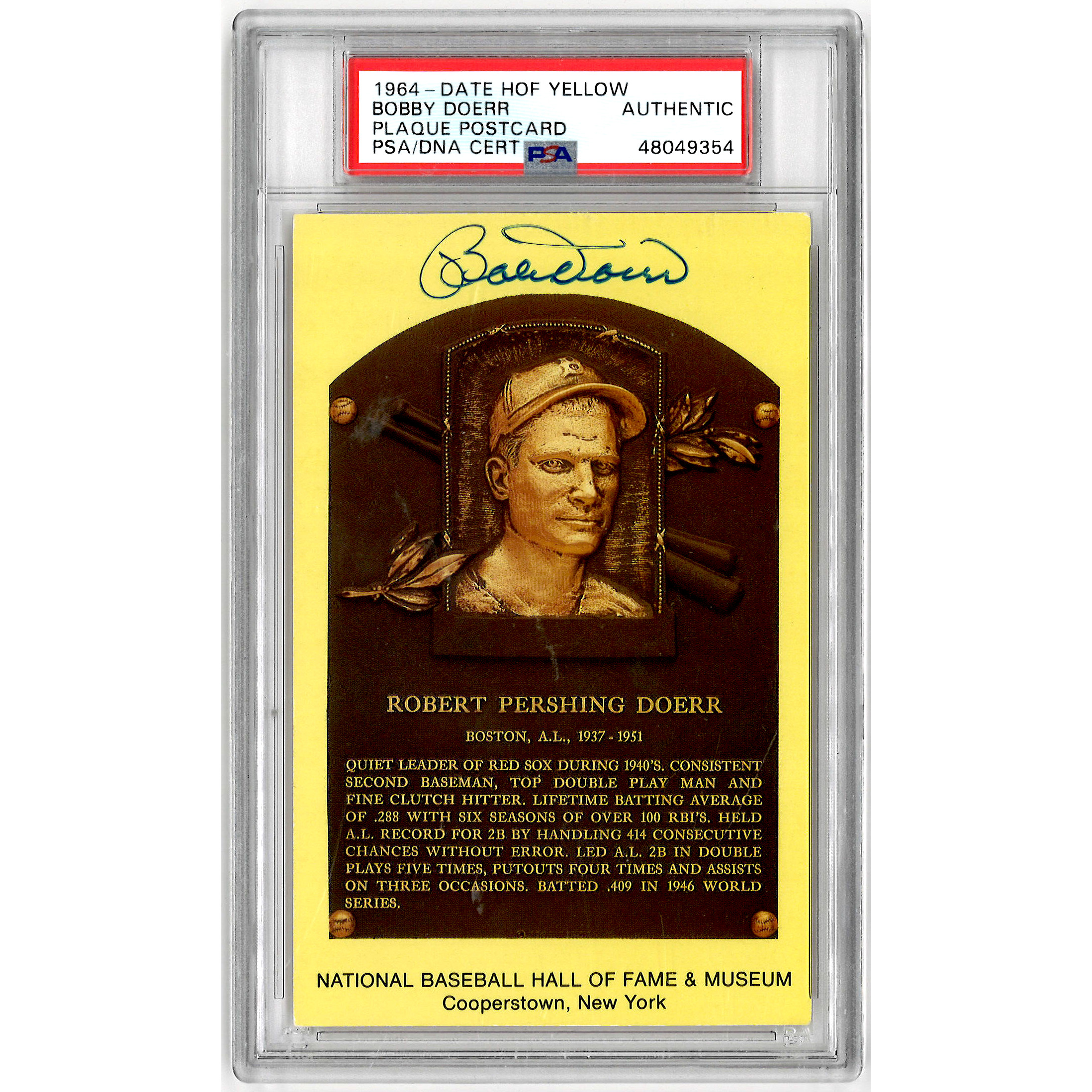Bobby Doerr Autographed Hall of Fame Plaque Postcard (PSA-54)