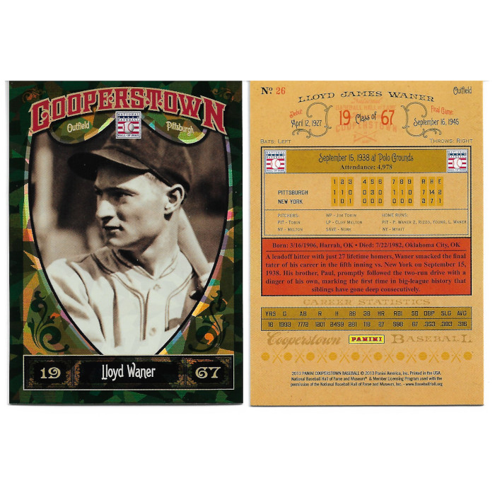 Lloyd Waner 2013 Panini Cooperstown Green Crystal # 26 Lloyd Waner 2013 Panini Cooperstown Green Crystal # 26