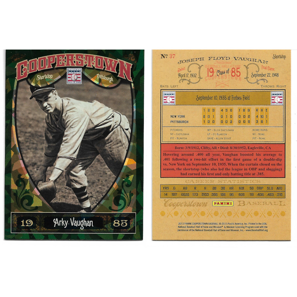 Arky Vaughan 2013 Panini Cooperstown Green Crystal # 37