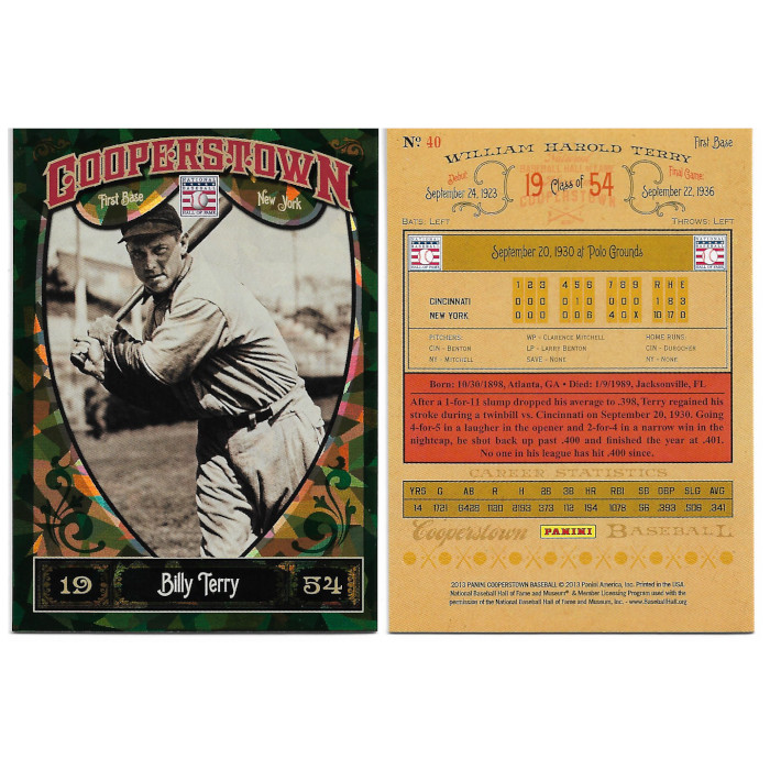 Bill Terry 2013 Panini Cooperstown Green Crystal # 40