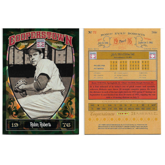 Robin Roberts 2013 Panini Cooperstown Green Crystal # 72 Robin Roberts 2013 Panini Cooperstown Green Crystal # 72