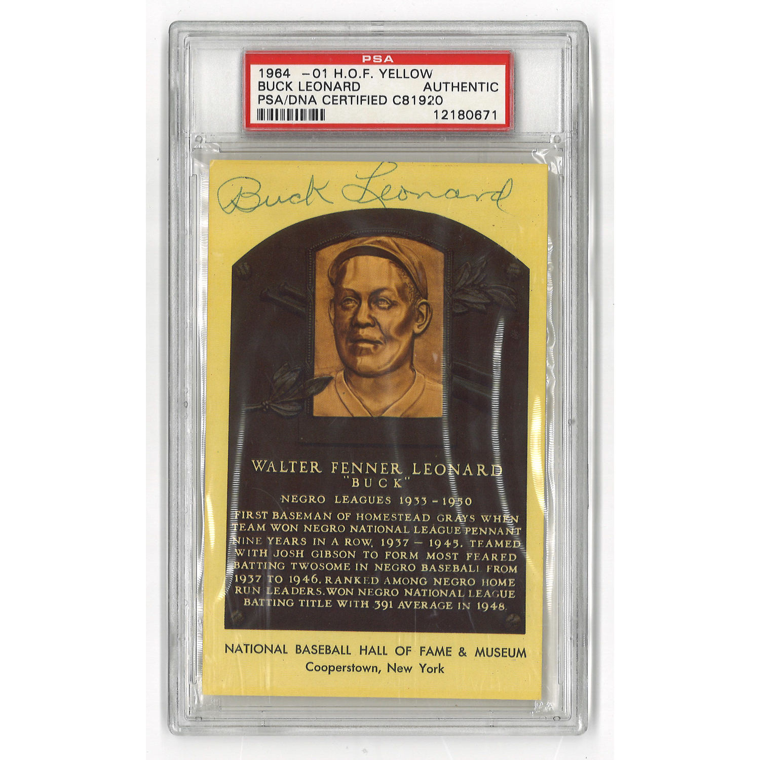 Buck Leonard Autographed Hall of Fame Plaque Postcard (PSA-71)