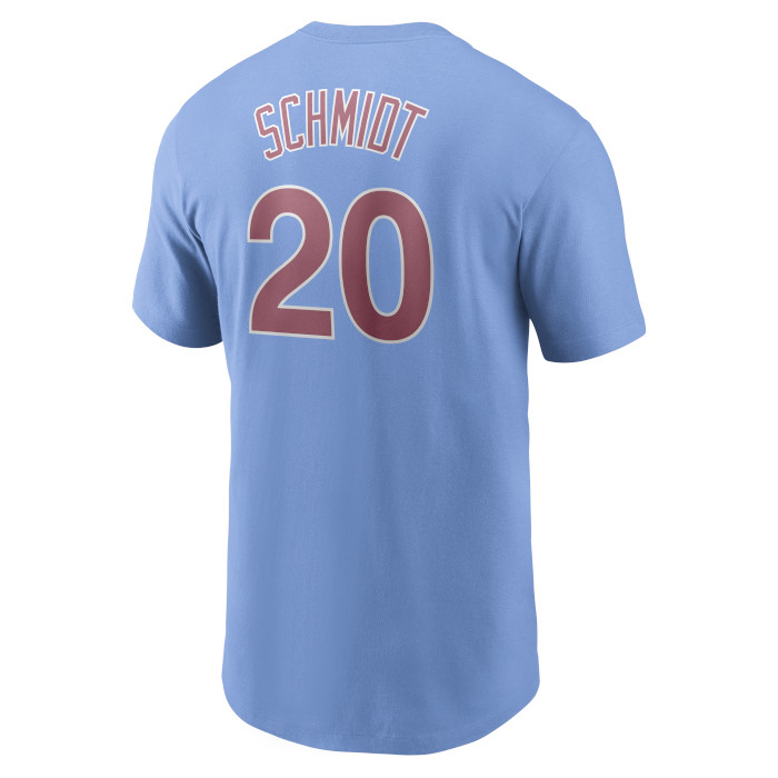 Men's Philadelphia Phillies Mike Schmidt Majestic Light Blue Cooperstown  Collection Official Name & Number T-Shirt
