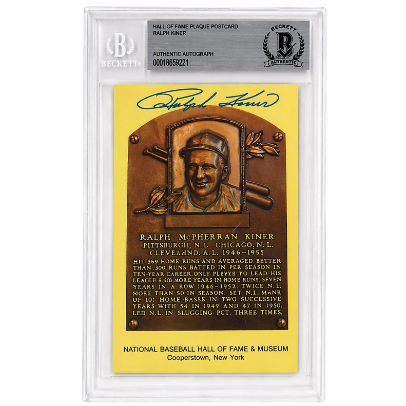 Ralph Kiner Autographed Hall of Fame Plaque Postcard (Beckett-21)