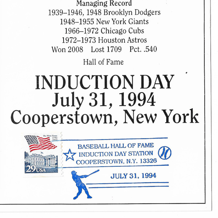 Leo Durocher Brooklyn Dodgers 1994 Hall of Fame Induction 8x10 Photocard with Induction Day Stamp Cancellation V1