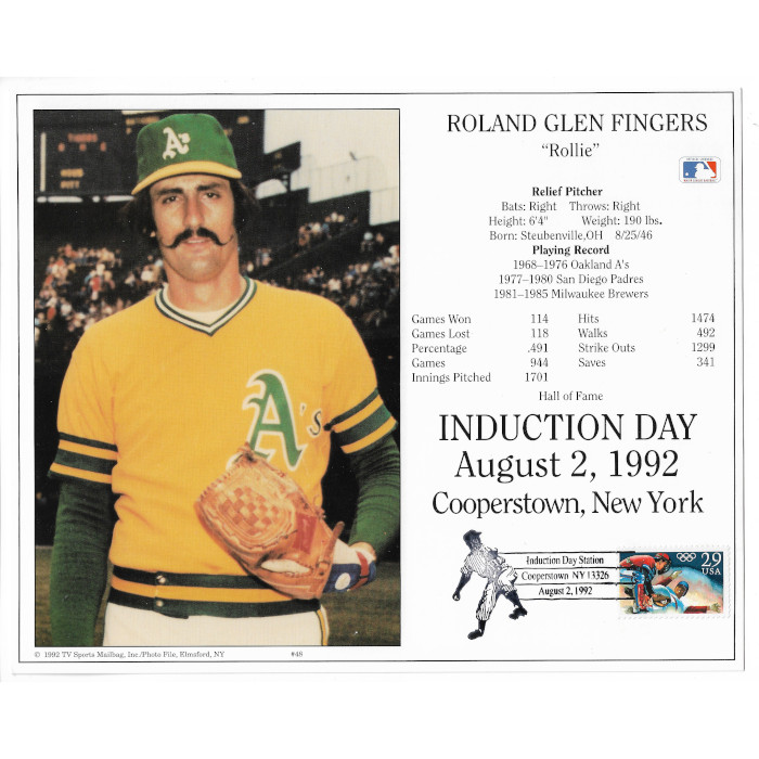 Rollie Fingers Oakland Athletics 1992 Hall of Fame Induction 8x10 Photocard with Induction Day Stamp Cancellation Rollie Fingers Oakland Athletics 1992 Hall of Fame Induction 8x10 Photocard with Induction Day Stamp Cancellation