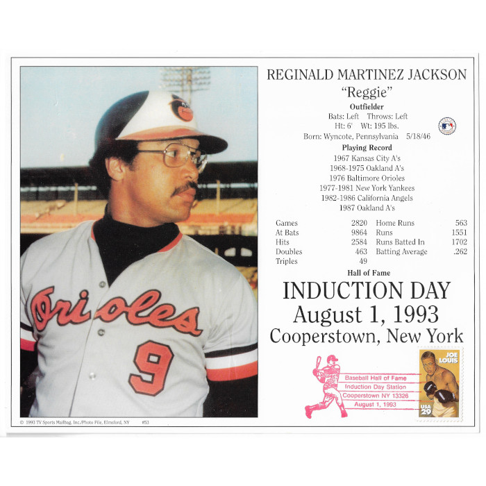 Reggie Jackson Baltimore Orioles 1993 Hall of Fame Induction 8x10 Photocard with Induction Day Stamp Cancellation