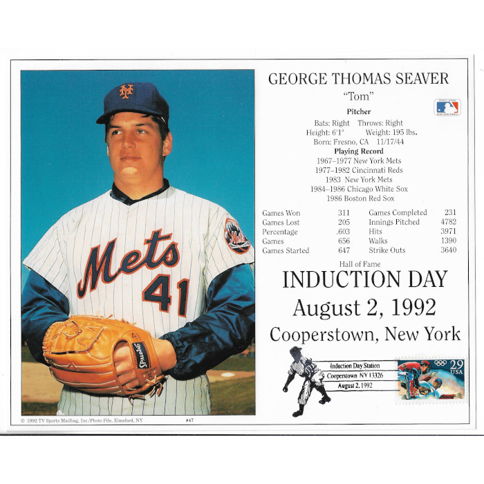 Tom Seaver New York Mets 1992 Hall of Fame Induction 8x10 Photocard with  Induction Day Stamp