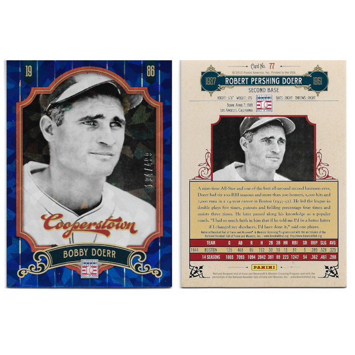 Bobby Doerr 2012 Panini Cooperstown Blue Crystal Collection # 77 Baseball Card Ltd Ed of 499 Bobby Doerr 2012 Panini Cooperstown Blue Crystal Collection # 77 Baseball Card Ltd Ed of 499