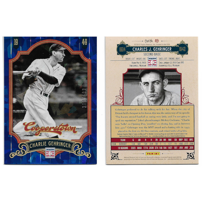 Charlie Gehringer 2012 Panini Cooperstown Blue Crystal Collection # 49 Baseball Card Ltd Ed of 499