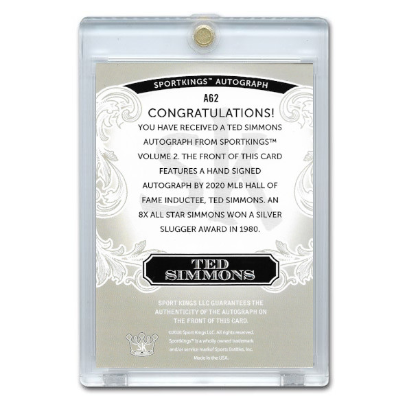 Ted Simmons Autographed Card 2021 Sportkings Silver # A-62 Ltd Ed of 25 Ted Simmons Autographed Card 2021 Sportkings Silver # A-62 Ltd Ed of 25