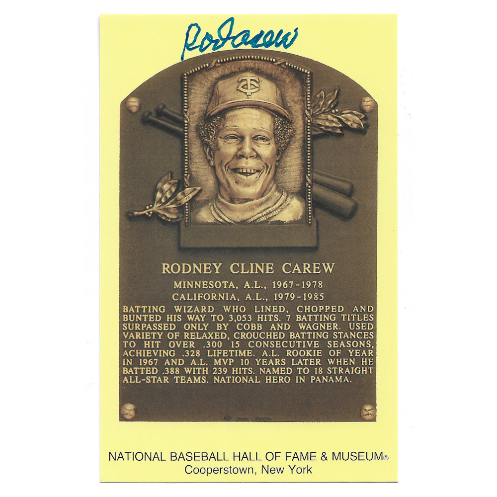 Rod Carew Autographed Hall of Fame Plaque Postcard (JSA)