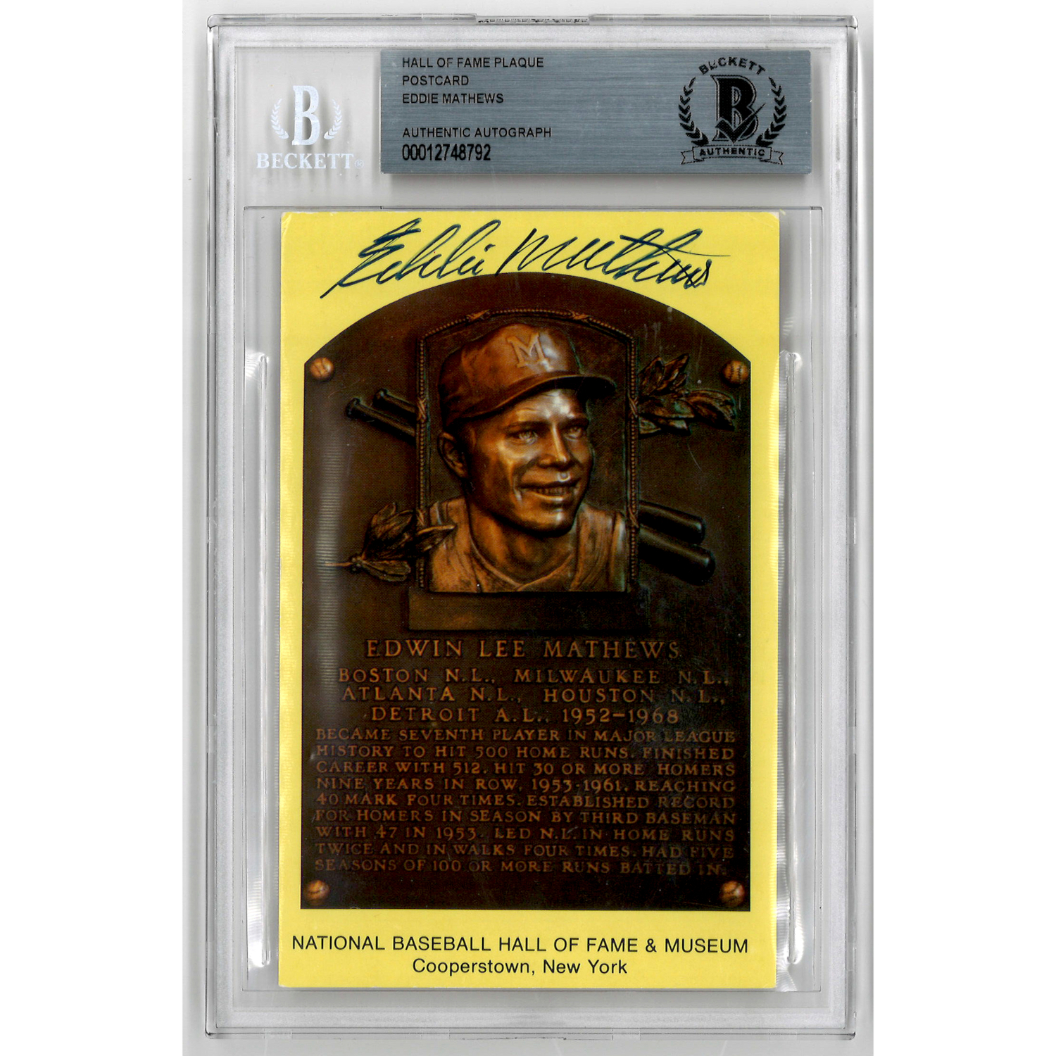 Eddie Mathews Autographed Hall of Fame Plaque Postcard (Beckett-92)
