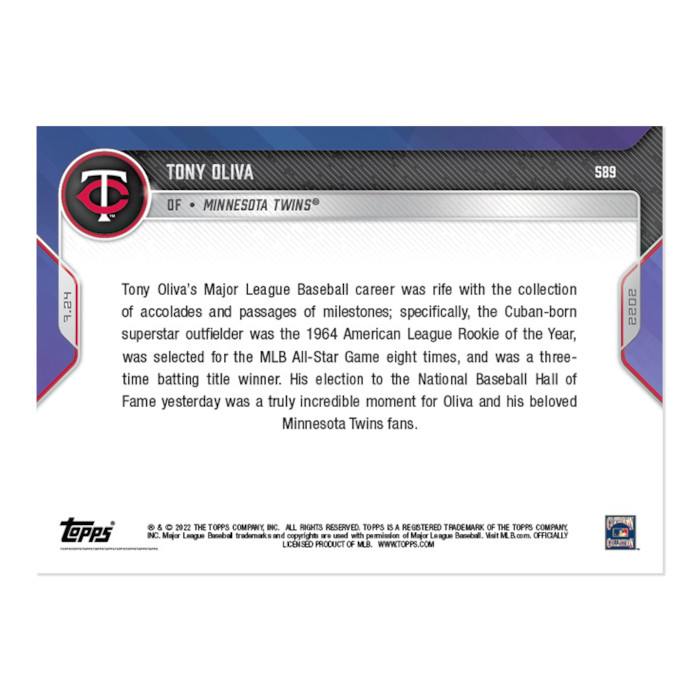 Tony Oliva Hall of Fame Induction 2022 Topps Now Card # 589 Ltd Ed of 733
