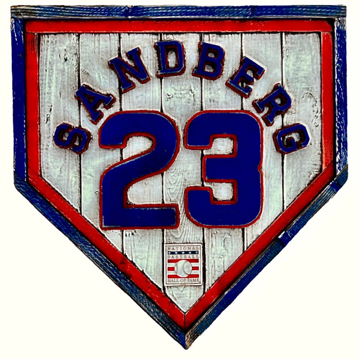 Ryne Sandberg Hall of Fame Vintage Distressed Wood 20 Inch Heritage Home Plate - Blue Frame Ryne Sandberg Hall of Fame Vintage Distressed Wood 20 Inch Heritage Home Plate - Blue Frame