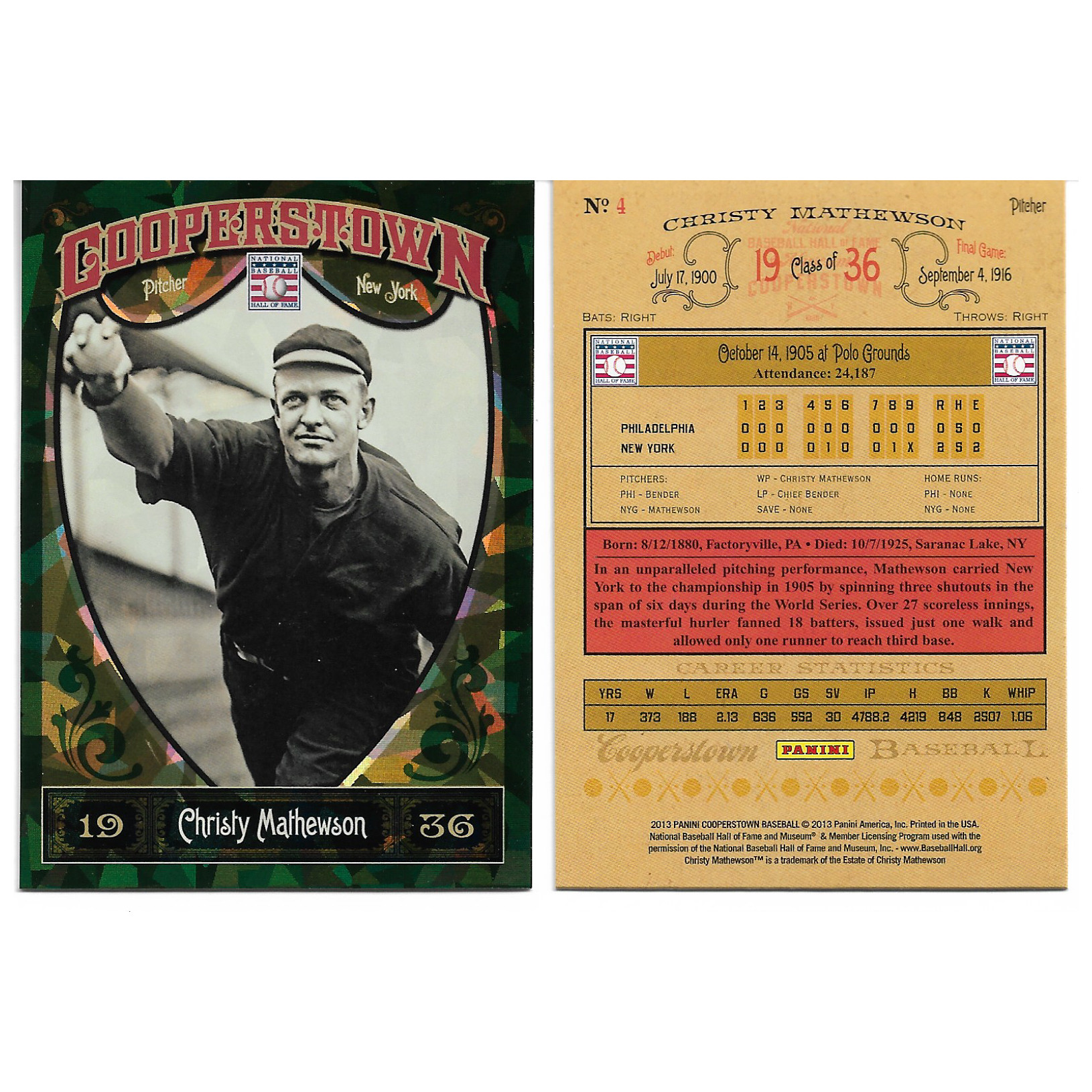 Christy Mathewson 2013 Panini Cooperstown Green Crystal # 4