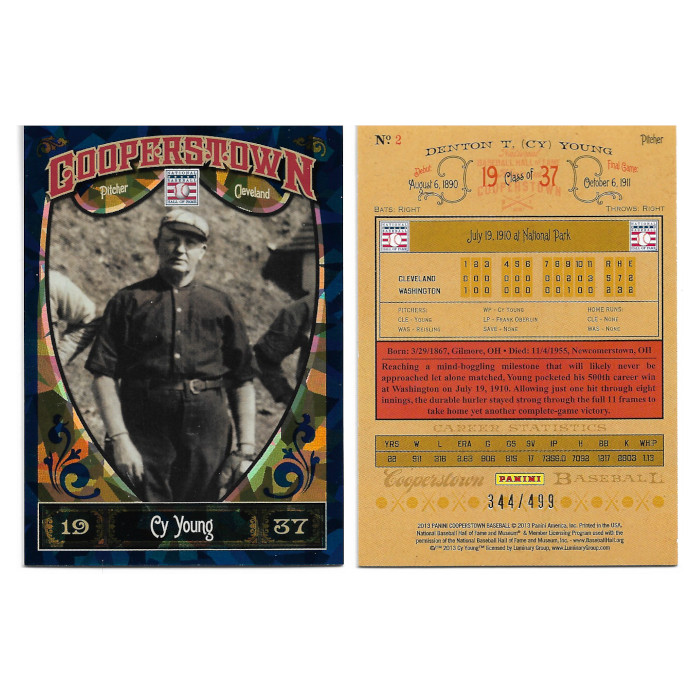 Cy Young 2013 Panini Cooperstown Blue Crystal # 2 Ltd Ed of 499