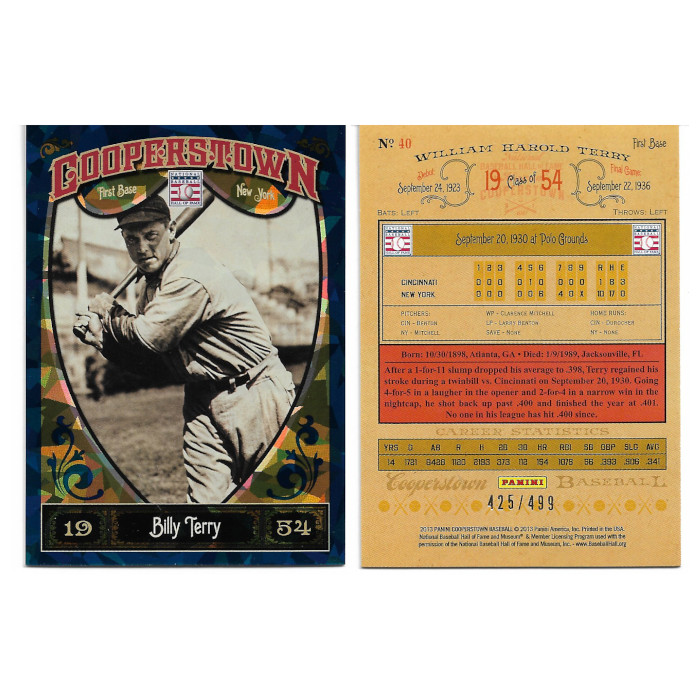 Bill Terry 2013 Panini Cooperstown Blue Crystal # 40 Ltd Ed of 499