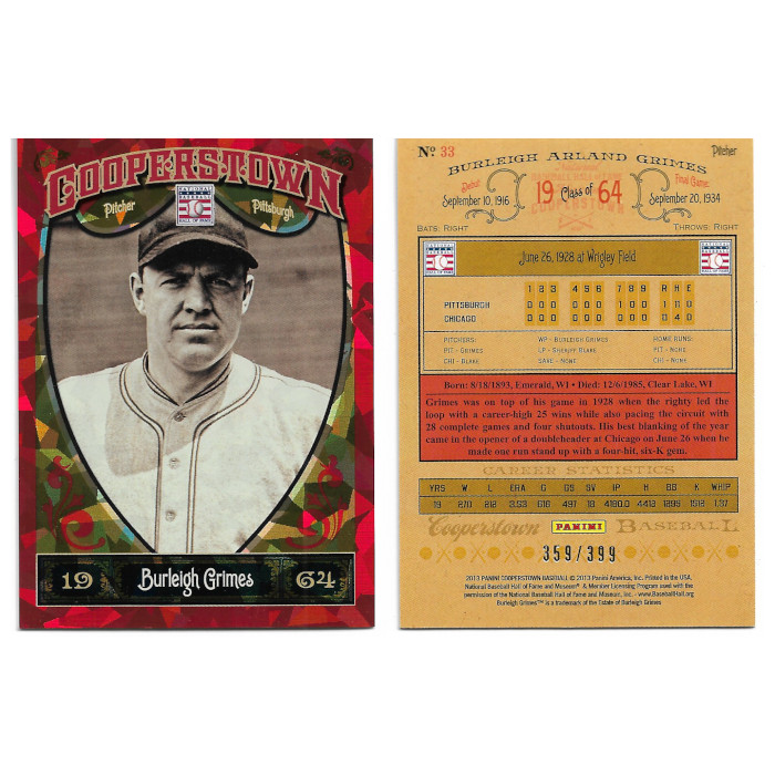 Burleigh Grimes 2013 Panini Cooperstown Red Crystal Collection # 33 Baseball Card Ltd Ed of 399 Burleigh Grimes 2013 Panini Cooperstown Red Crystal Collection # 33 Baseball Card Ltd Ed of 399