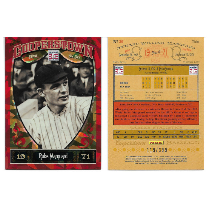 Rube Marquard 2013 Panini Cooperstown Red Crystal Collection # 20 Baseball Card Ltd Ed of 399 Rube Marquard 2013 Panini Cooperstown Red Crystal Collection # 20 Baseball Card Ltd Ed of 399