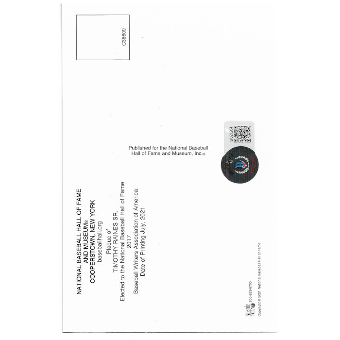 Tim Raines Autographed Hall of Fame Plaque Postcard (Beckett)